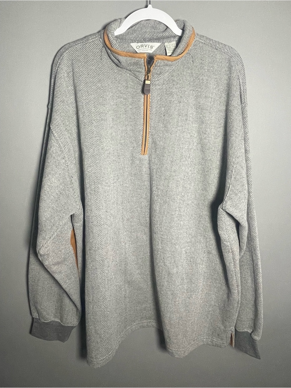 Orvis Simoom Tweed Quarter Zip Pullover Men’s XXL Gray Leather Elbow Patches